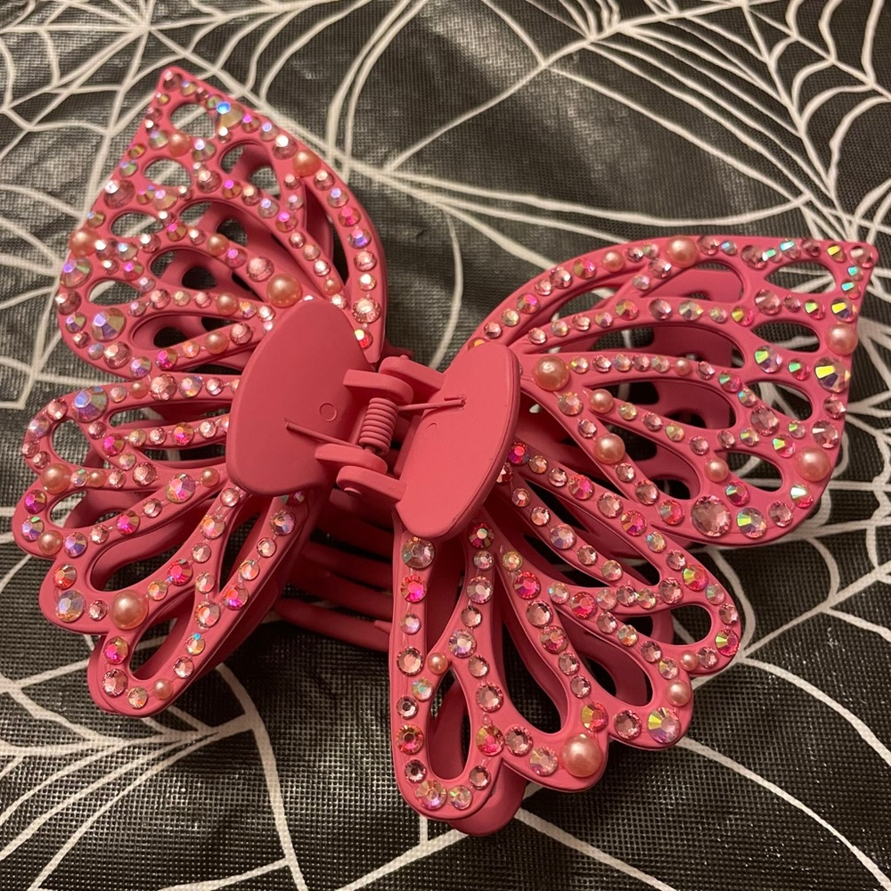 Large Butterfly Hair Clip Black w/ pink pearls & stones